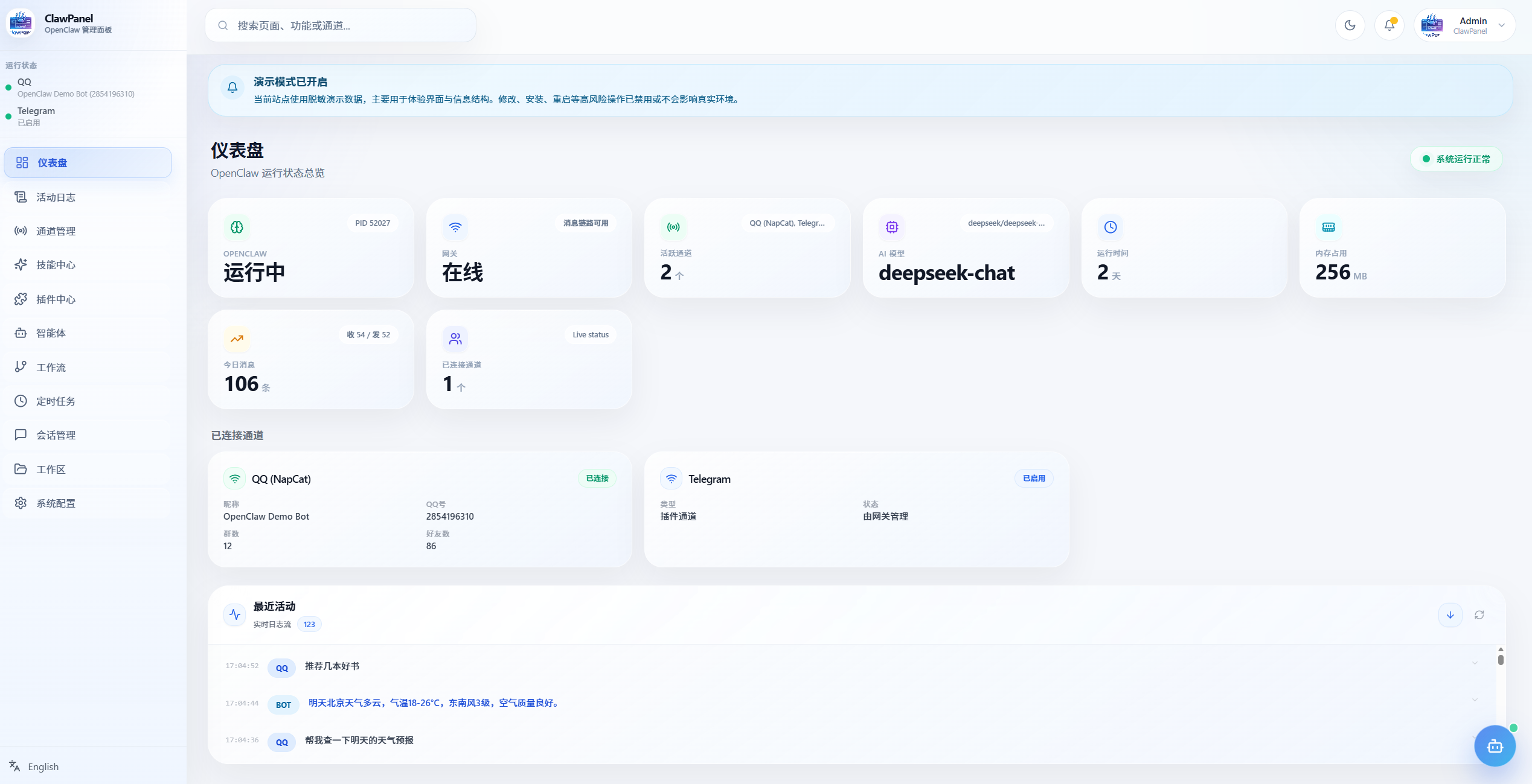 ClawPanel 仪表盘截图